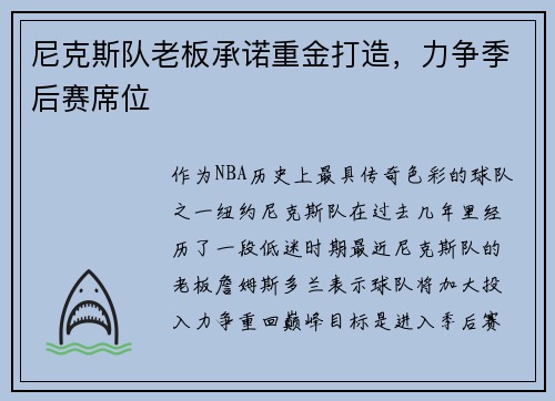 尼克斯队老板承诺重金打造，力争季后赛席位