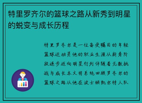 特里罗齐尔的篮球之路从新秀到明星的蜕变与成长历程