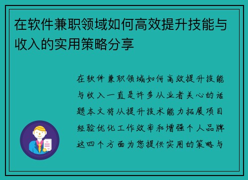 在软件兼职领域如何高效提升技能与收入的实用策略分享
