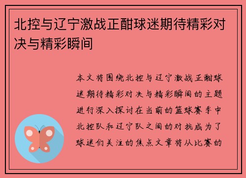 北控与辽宁激战正酣球迷期待精彩对决与精彩瞬间