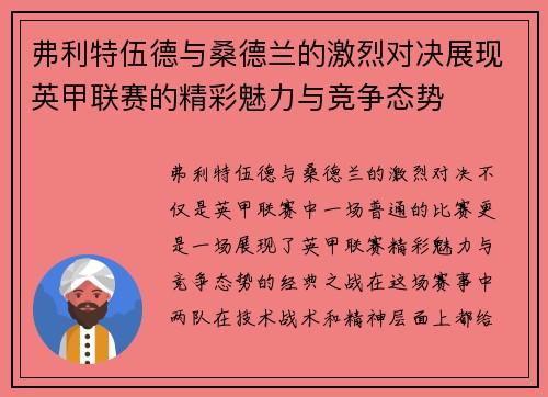 弗利特伍德与桑德兰的激烈对决展现英甲联赛的精彩魅力与竞争态势