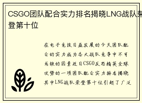 CSGO团队配合实力排名揭晓LNG战队荣登第十位