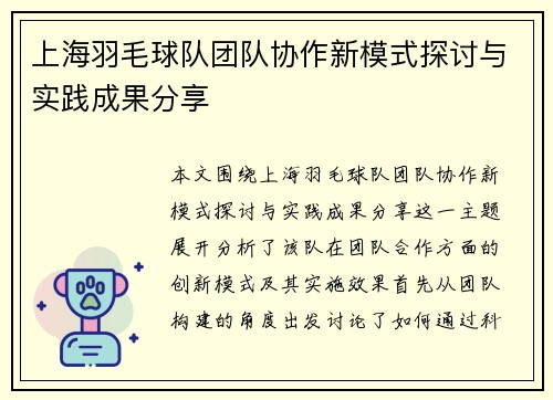 上海羽毛球队团队协作新模式探讨与实践成果分享