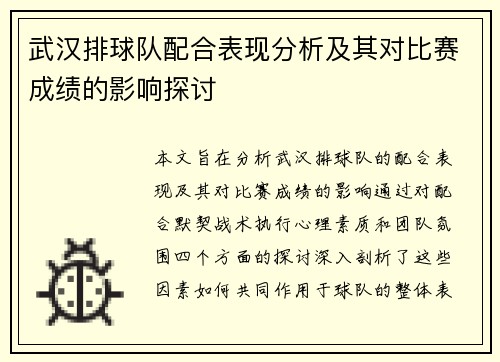 武汉排球队配合表现分析及其对比赛成绩的影响探讨