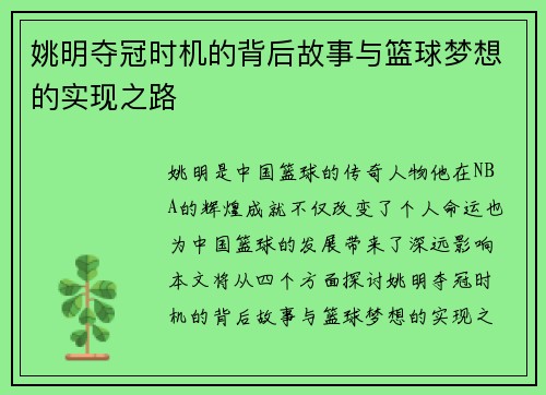 姚明夺冠时机的背后故事与篮球梦想的实现之路