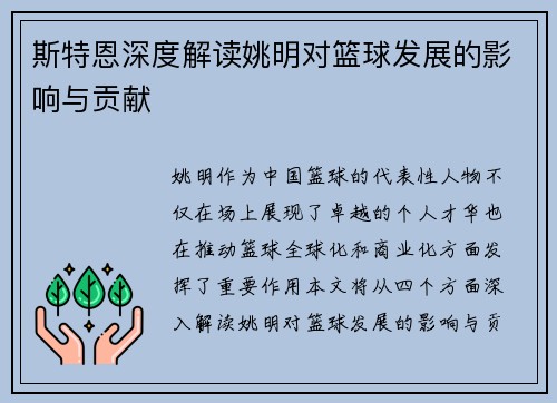 斯特恩深度解读姚明对篮球发展的影响与贡献