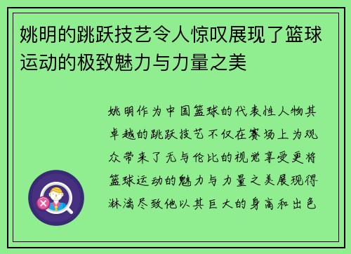 姚明的跳跃技艺令人惊叹展现了篮球运动的极致魅力与力量之美