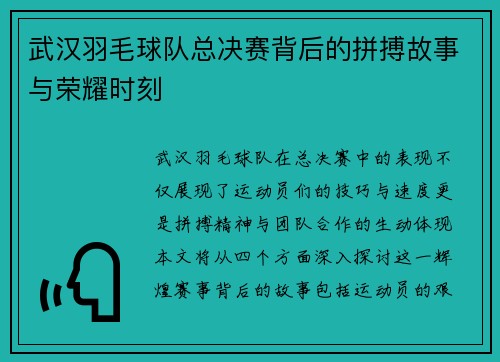 武汉羽毛球队总决赛背后的拼搏故事与荣耀时刻