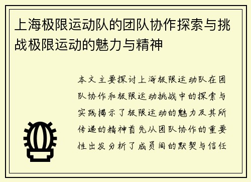 上海极限运动队的团队协作探索与挑战极限运动的魅力与精神