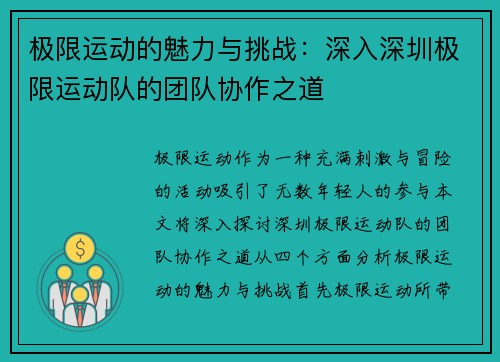 极限运动的魅力与挑战：深入深圳极限运动队的团队协作之道